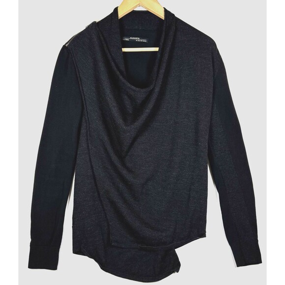 AllSaints Drina Cardigan Womens Size 4 Black Asymmetrical Zipper Drape Sweater - Picture 1 of 13